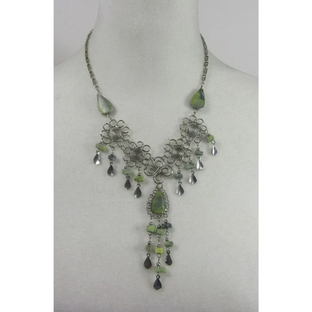 Green Marble Silver Tone Tear‎ Drop Statement Bead Neckalace Boho Cottagecore